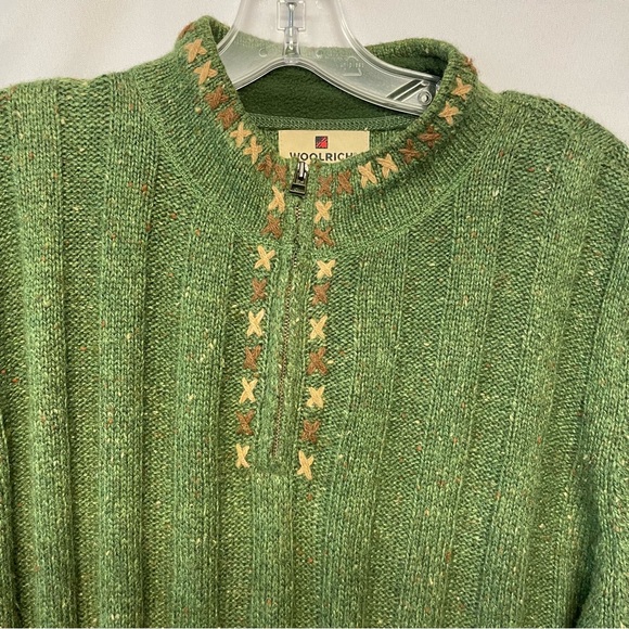 Women's WOOLRICH Green Ramie Wool Blend 1/2 Zip Sweater Size Large Trim - Picture 2 of 12